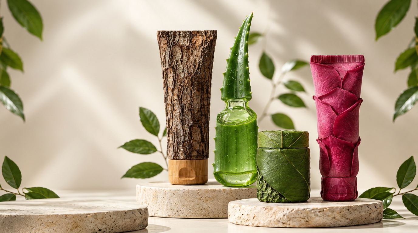 Collection de soins Geranessence présentée sur des socles en pierre, entourée de feuillage naturel